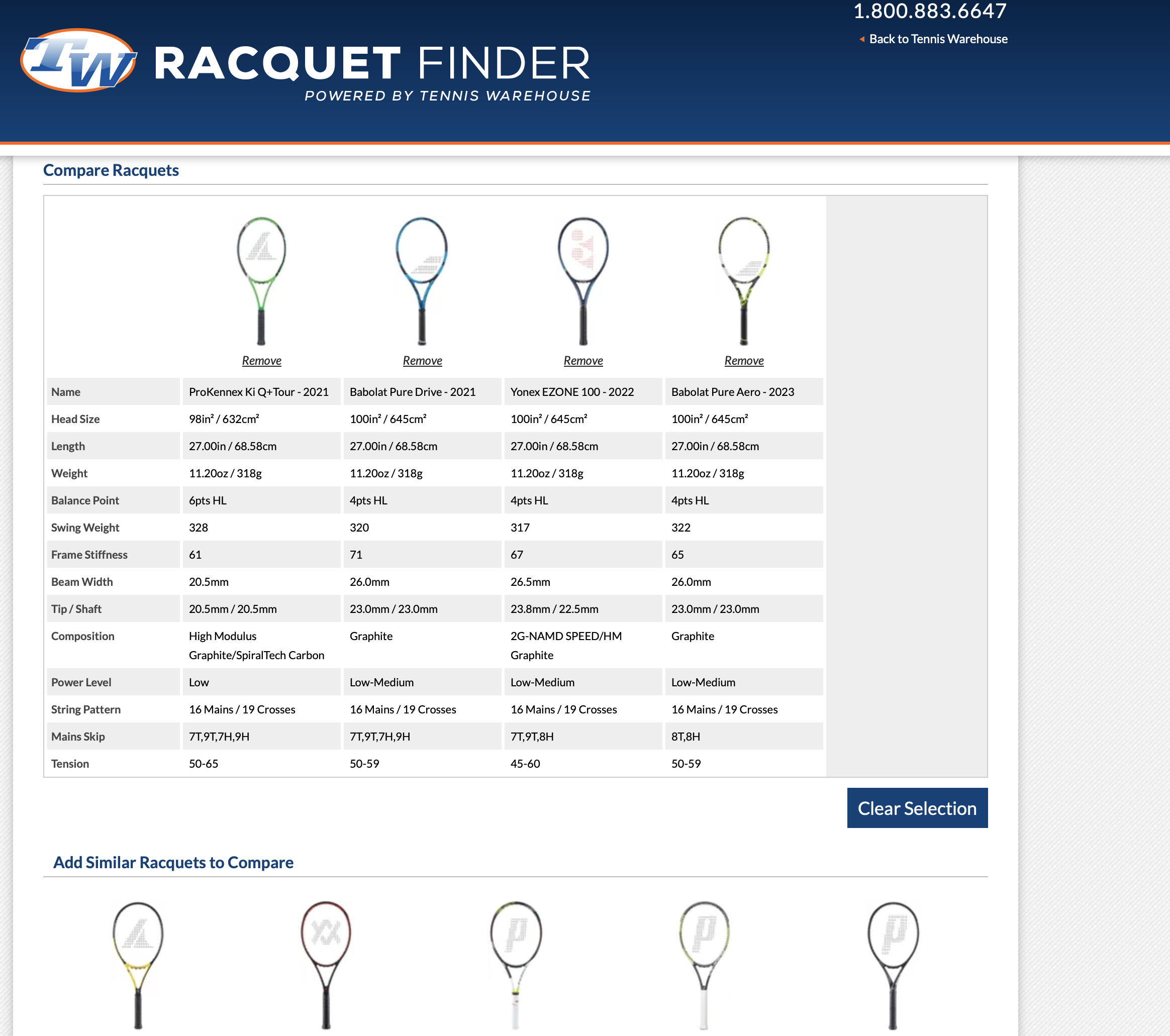 Tennis Racket Comparison Table Tool on tenniswarehouse.com